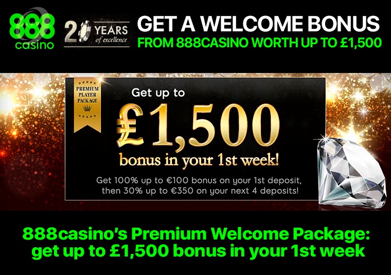 Get a welcome bonus from 888casino worth up to 1,500