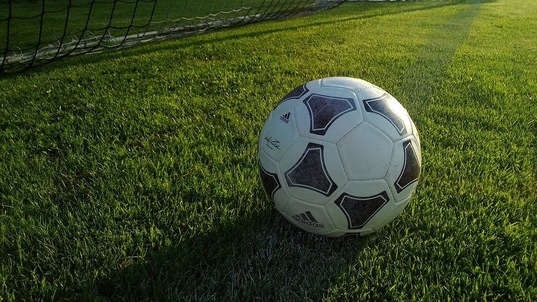 A football sits on a football pitch with a football goal just behind it